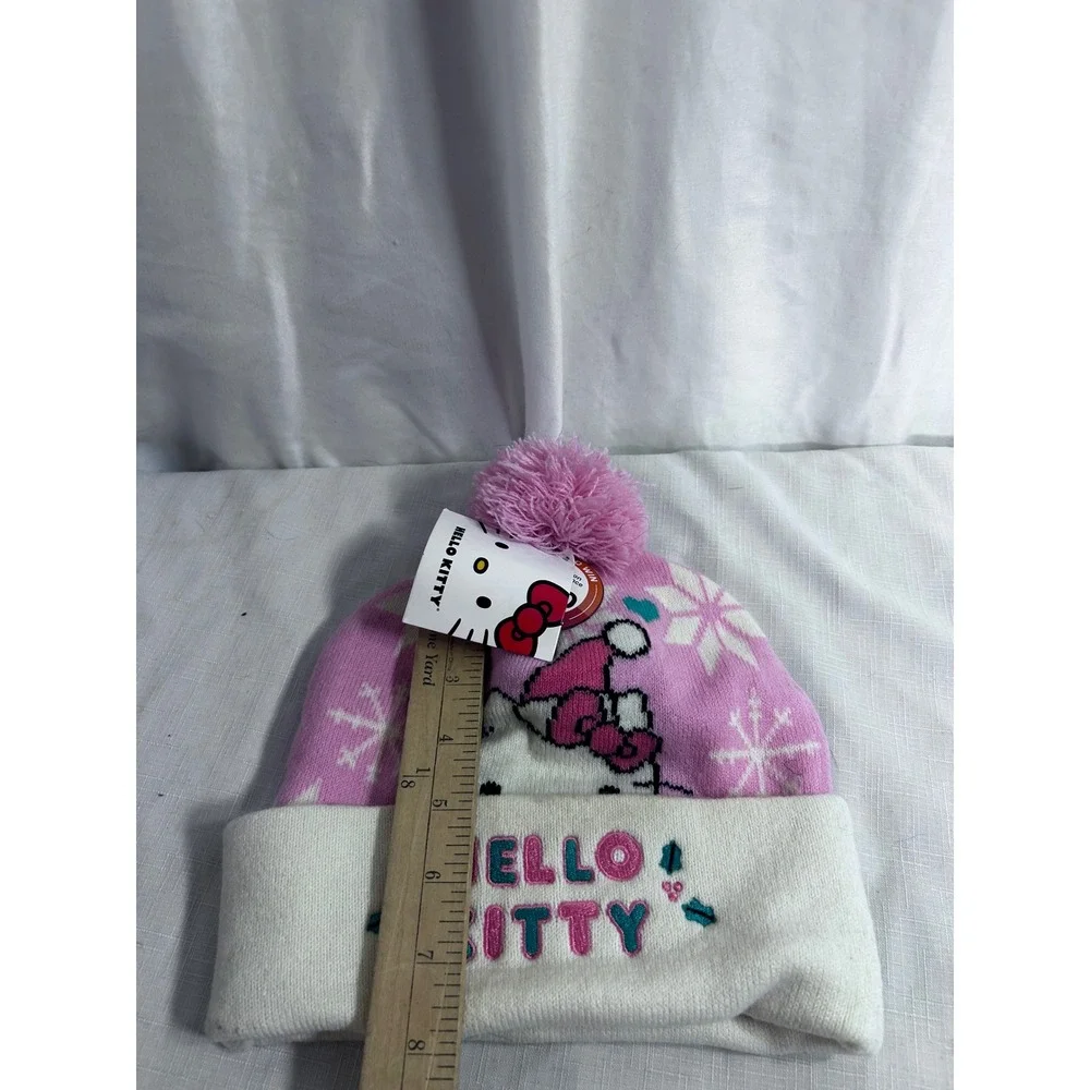 Hello Kitty Beanie OS Pink White Snowflake Pom Pom Knit Hat Kids